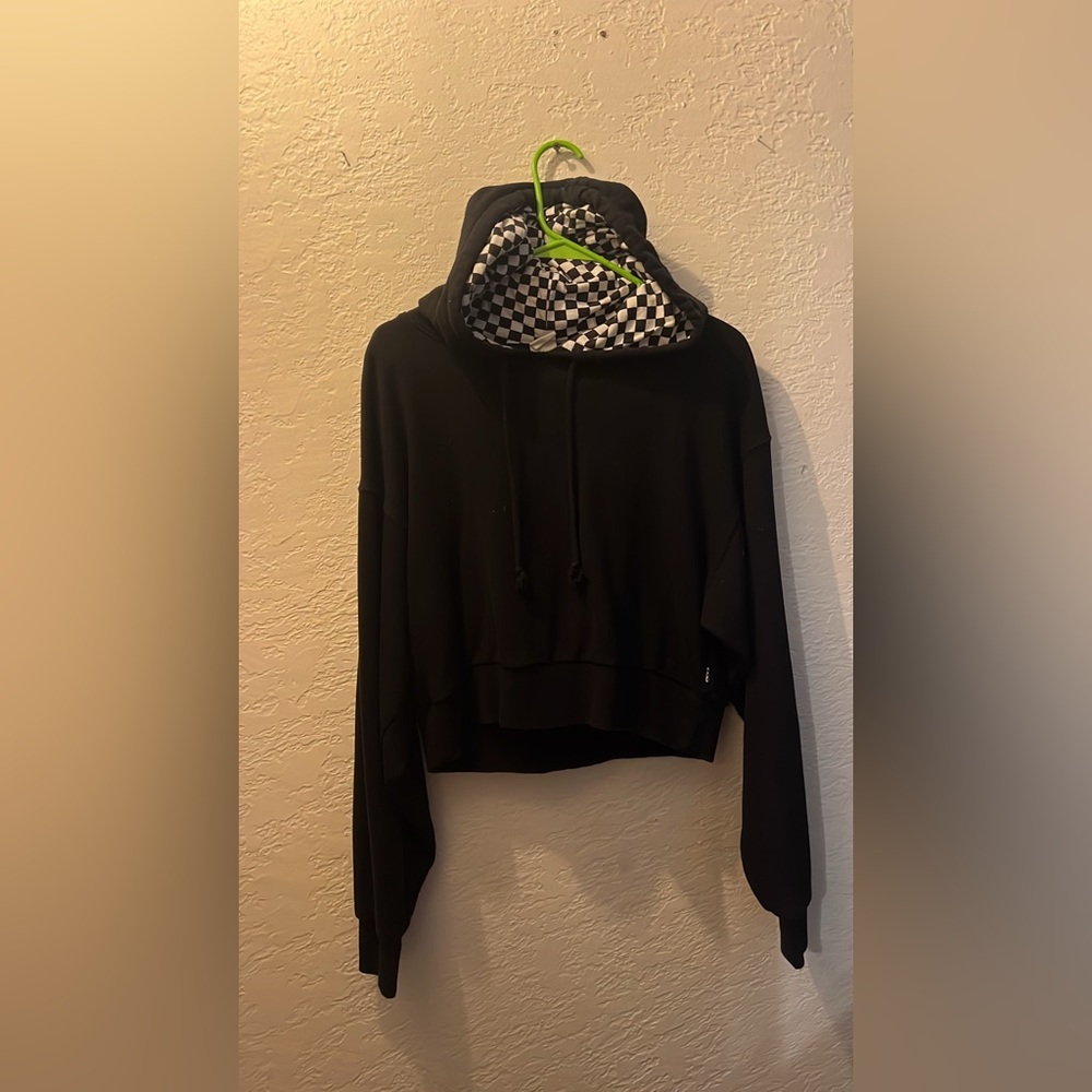 Vans Black Cropped Hoodie with Checkerboard Lined Hood